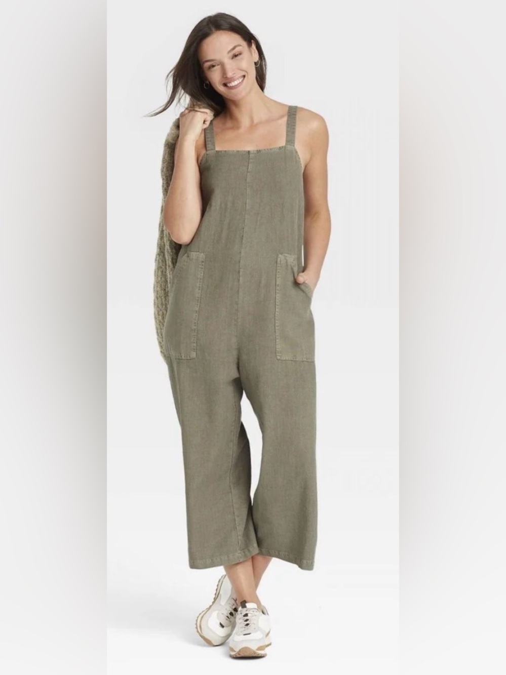 Green linen wideleg cropped Jumpsuit